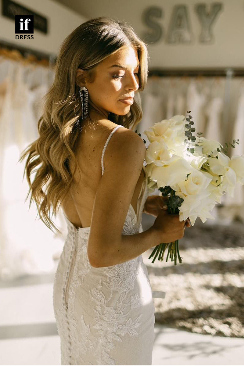 31643 - Glamorous Spaghetti Straps V-Neck Lace Mermaid Wedding Dress