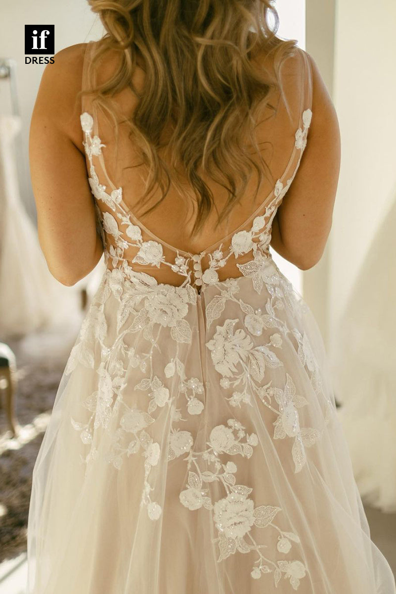 31644 - Plunging V-Neck Double Straps Split Appliques Boho Wedding Dress