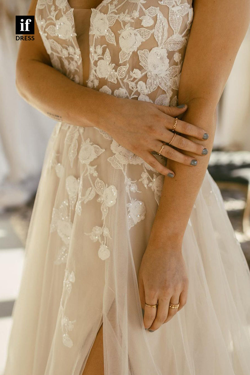 31644 - Plunging V-Neck Double Straps Split Appliques Boho Wedding Dress