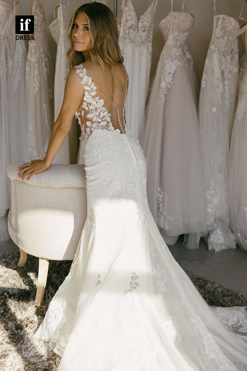 31645 - Charming Double Straps V-Neck Lace Appliques Beach Wedding Dress