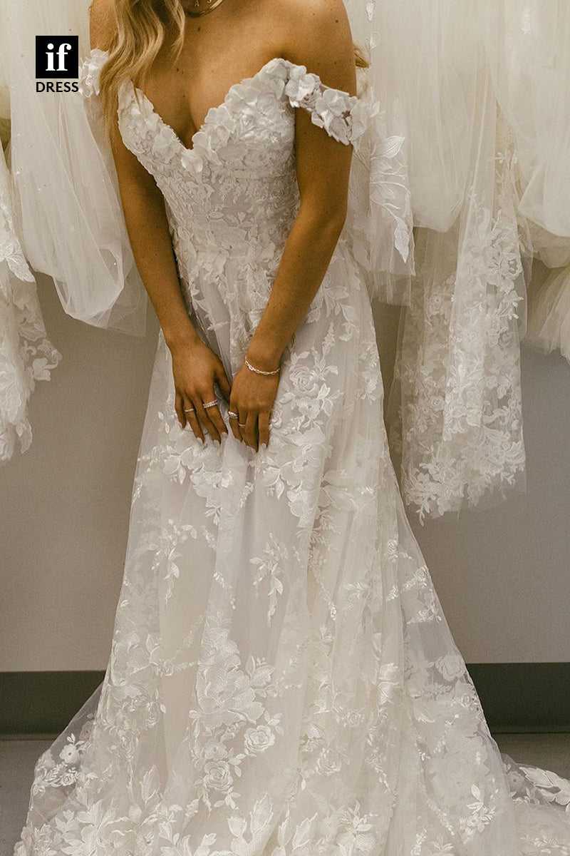 31647 - Classic A-Line Off-Shoulder V-Neck Cap Sleeves Beach Wedding Dress