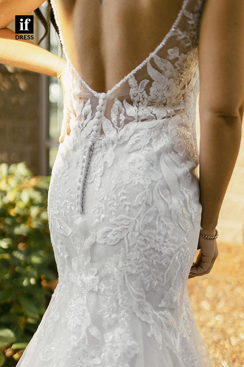 31648 - Sexy Spaghetti Straps V-Neck Sleeveless Appliques Boho Wedding Dress