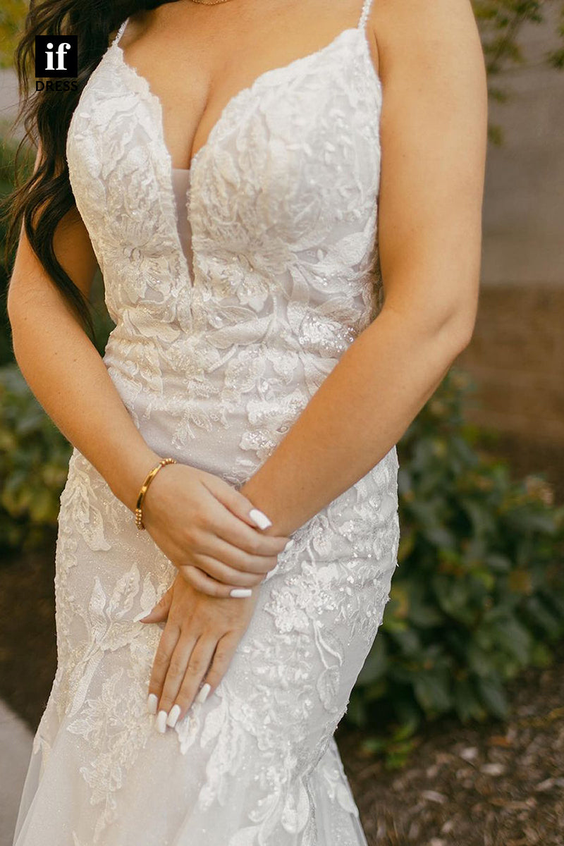 31648 - Sexy Spaghetti Straps V-Neck Sleeveless Appliques Boho Wedding Dress