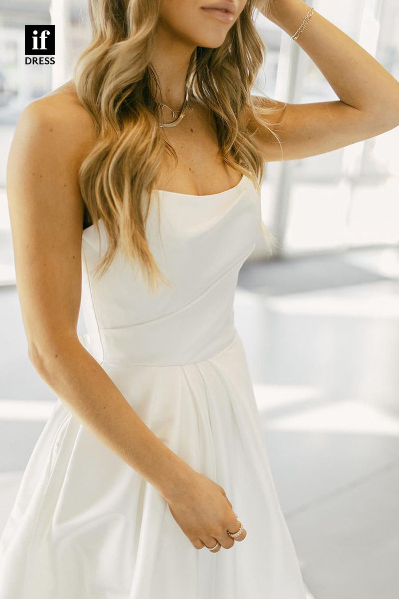 31649 - Attractive Scoop Off-Shoulder Satin Pleats Boho Wedding Dress