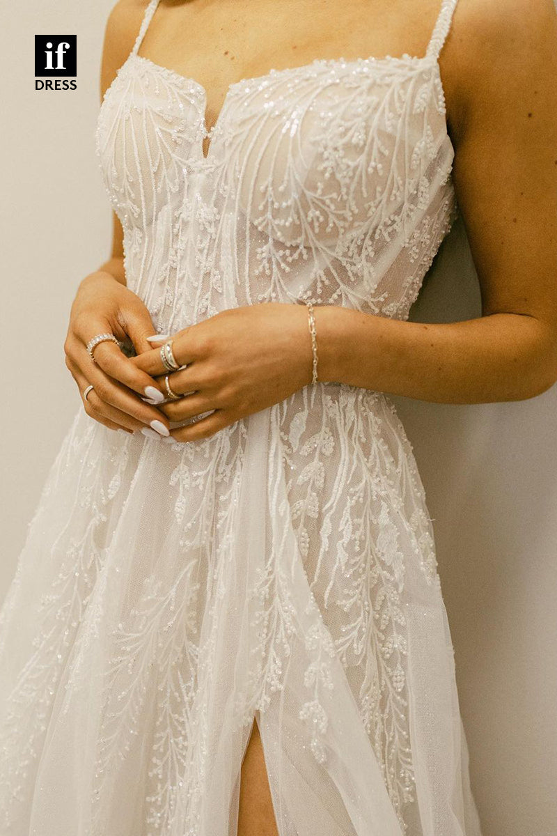 31651 - Elegant A-Line Spaghetti Straps High Split Tulle Beach Wedding Dress