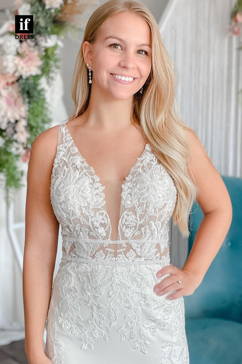 31653 - Attractive Double Straps Plunging V-Neck Lace Appliques Wedding Dress