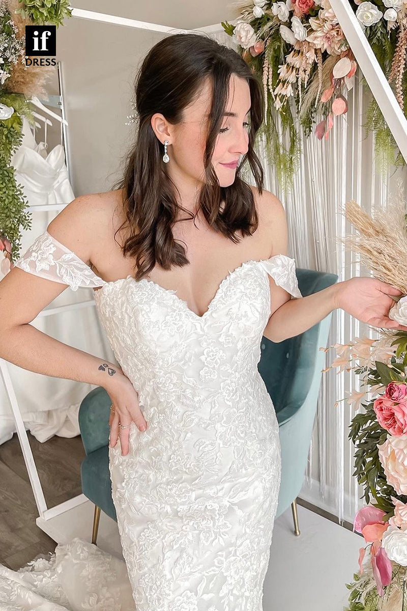 31654 - Romantic Cap Sleeves Off-Shoulder Lace Appliques Boho Wedding Dress