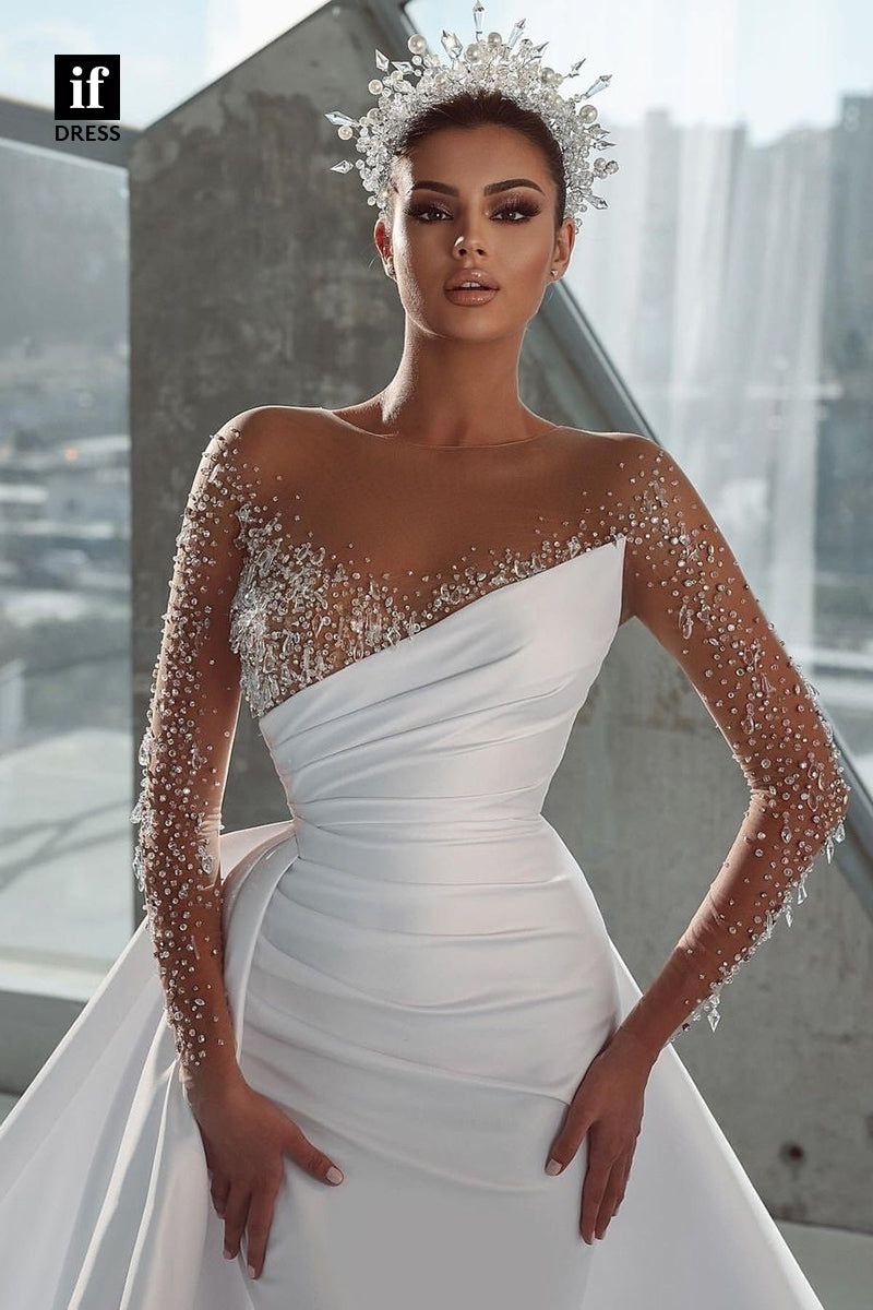 31571 - Honorable Off-Shoulder Beads Long Sleeves Pleats Wedding Dress