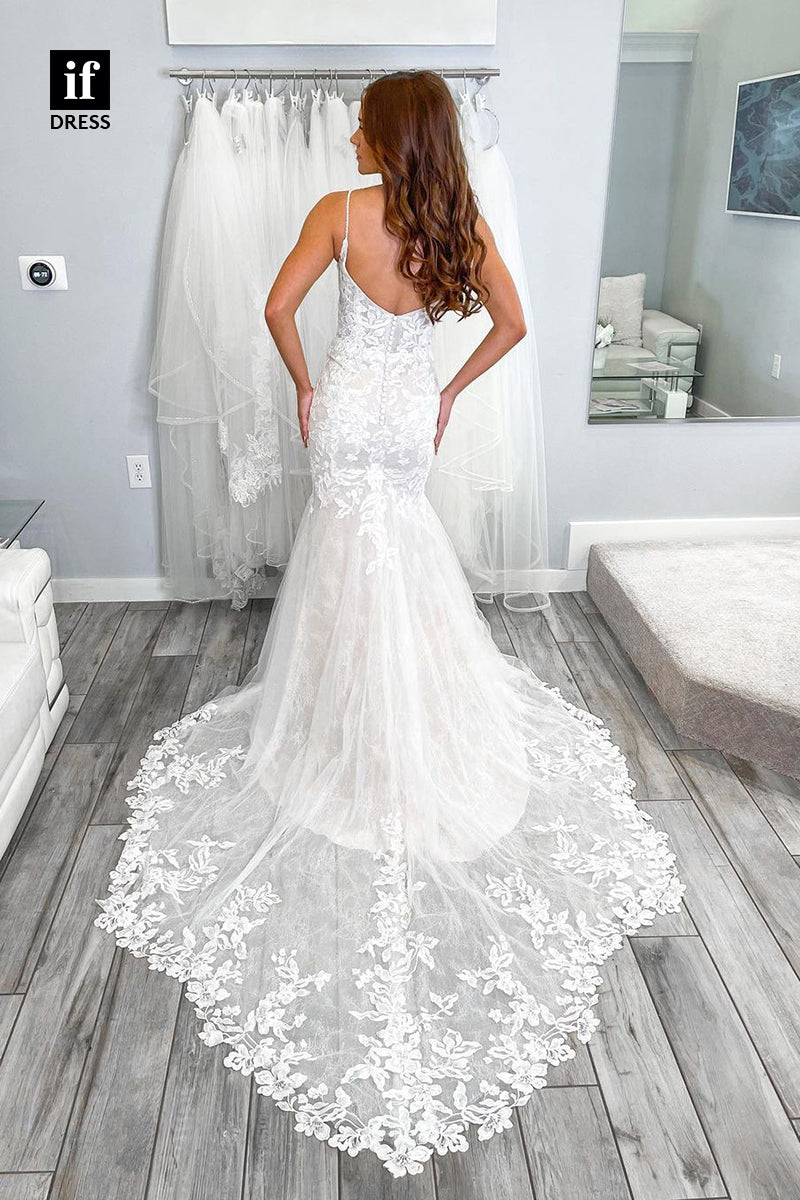 31656 - Sexy Spaghetti Straps V-Neck Lace Appliques Beach Wedding Dress
