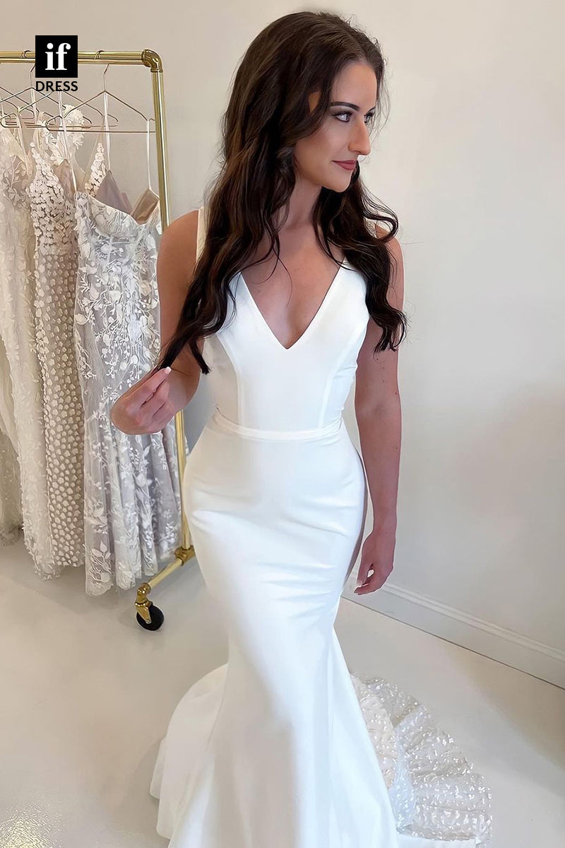 31657 - Casual V-Neck Straps Sleeveless Sheath Satin Wedding Dress