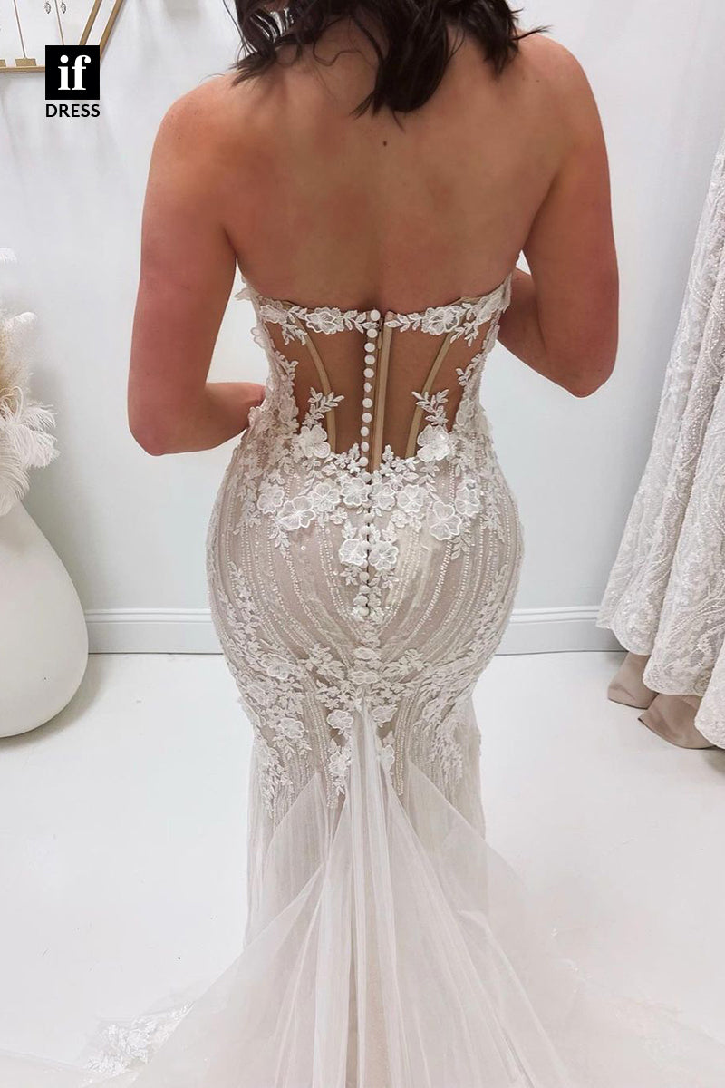 31658 - Attractive Off-Shoulder V-Neck Sleeveless Appliques Mermaid Wedding Dress