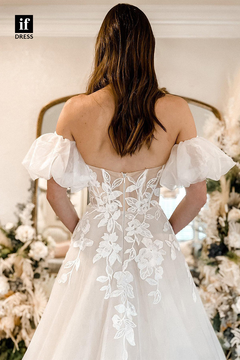31661 - Elegant Off-Shoulder Cap Sleeves Lace Appliques Beach Wedding Dress