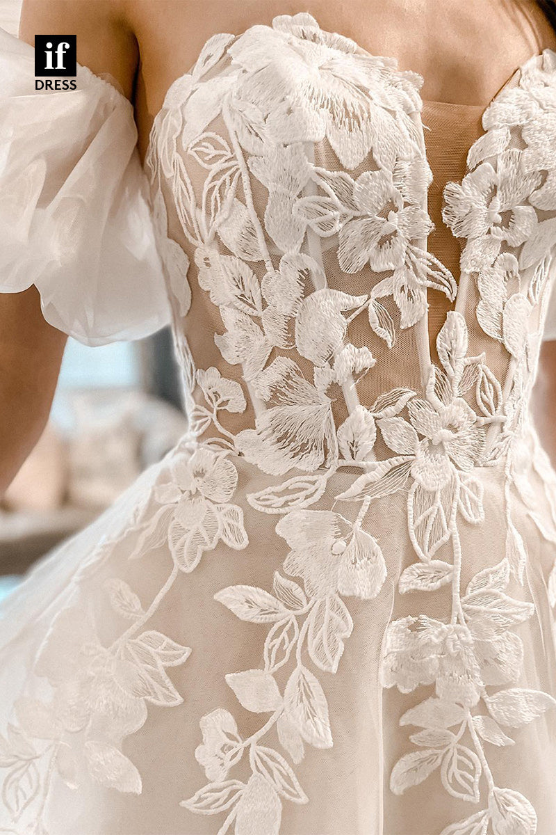 31661 - Elegant Off-Shoulder Cap Sleeves Lace Appliques Beach Wedding Dress