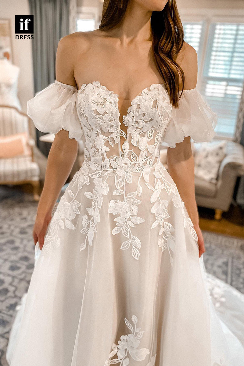 31661 - Elegant Off-Shoulder Cap Sleeves Lace Appliques Beach Wedding Dress