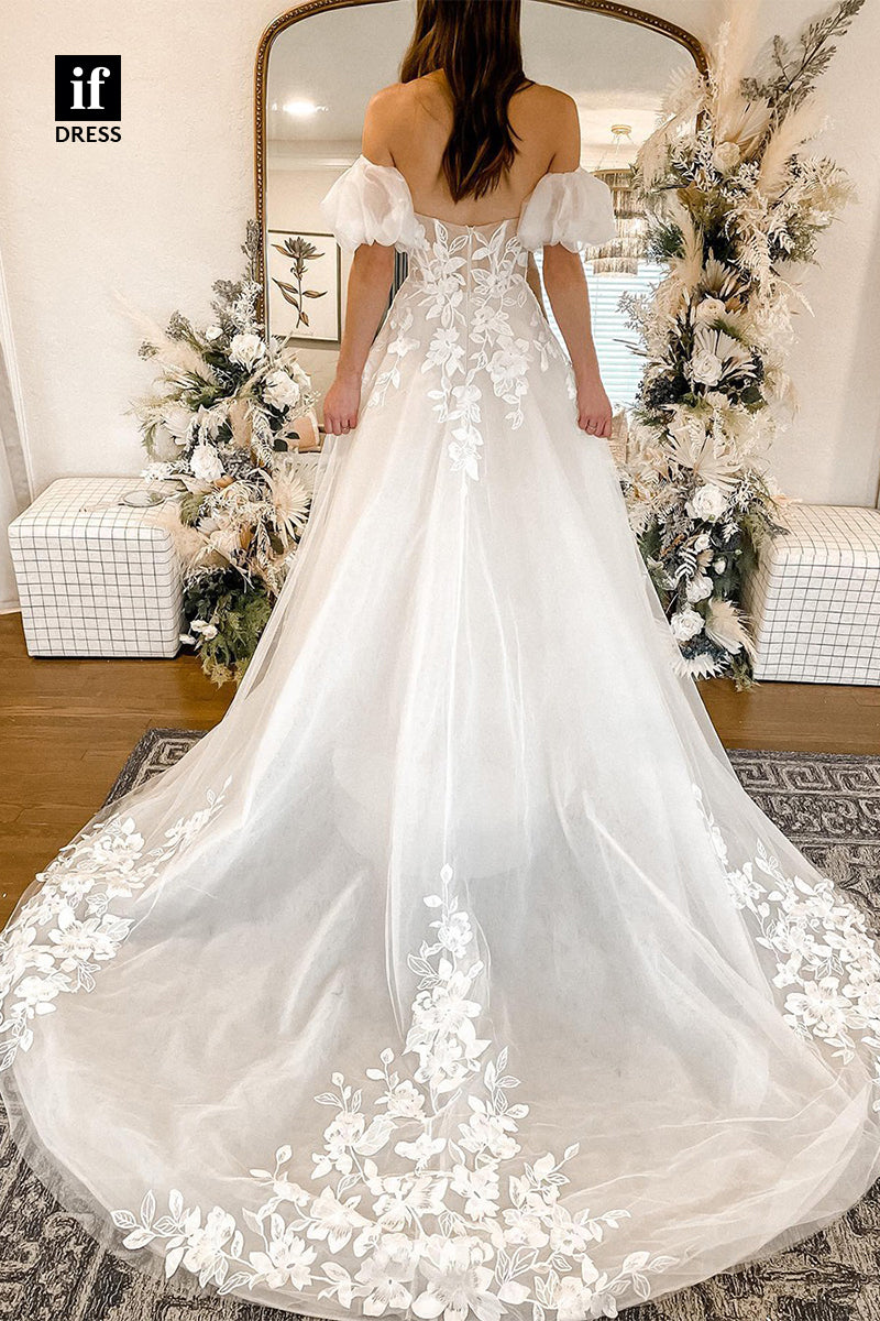 31661 - Elegant Off-Shoulder Cap Sleeves Lace Appliques Beach Wedding Dress