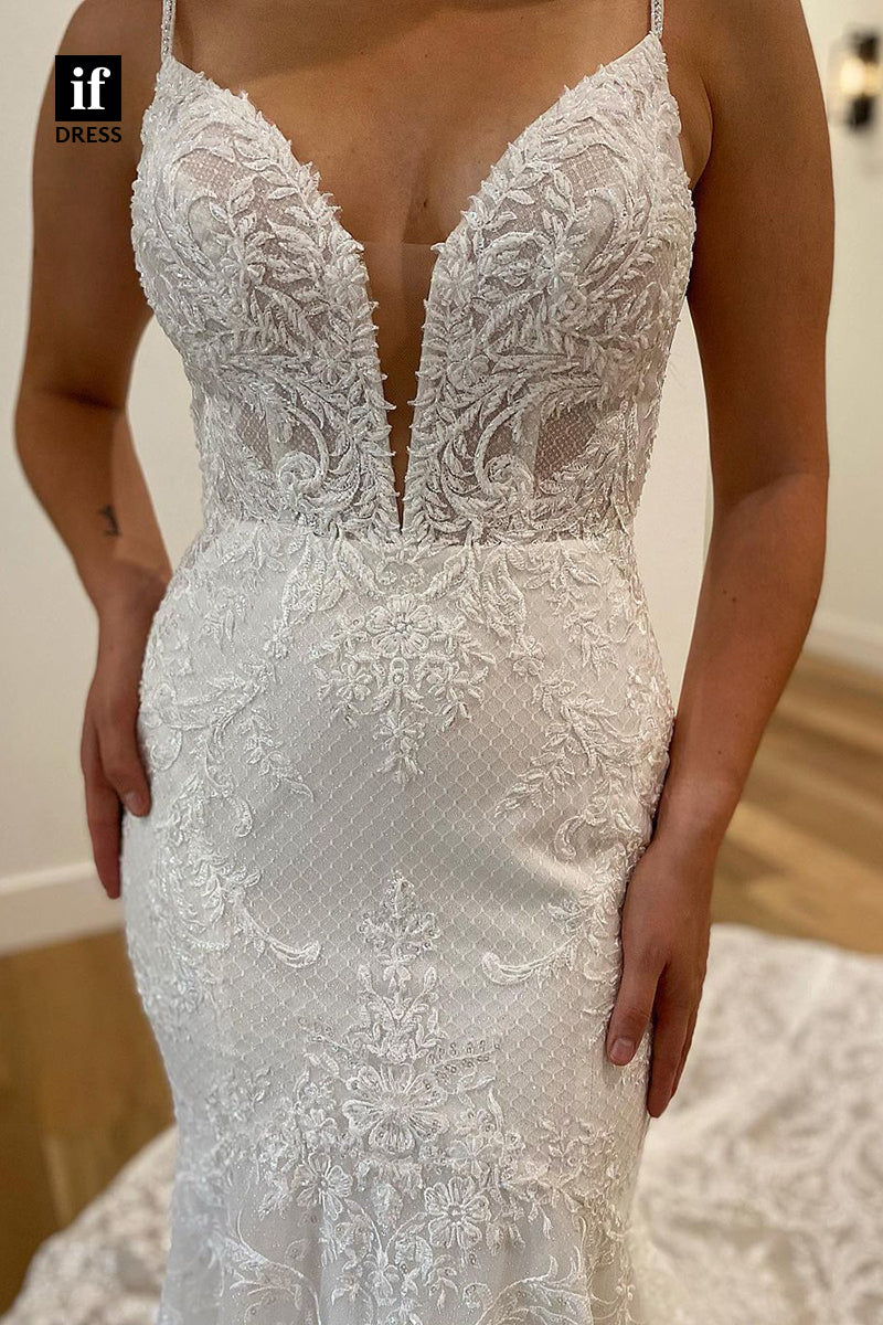 31663 - Modern Spaghetti Straps Plunging V-Neck Lace Mermaid Wedding Dress