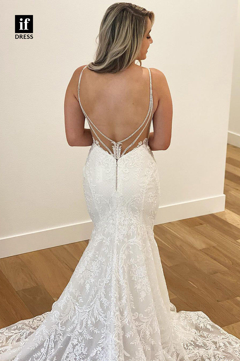 31663 - Modern Spaghetti Straps Plunging V-Neck Lace Mermaid Wedding Dress
