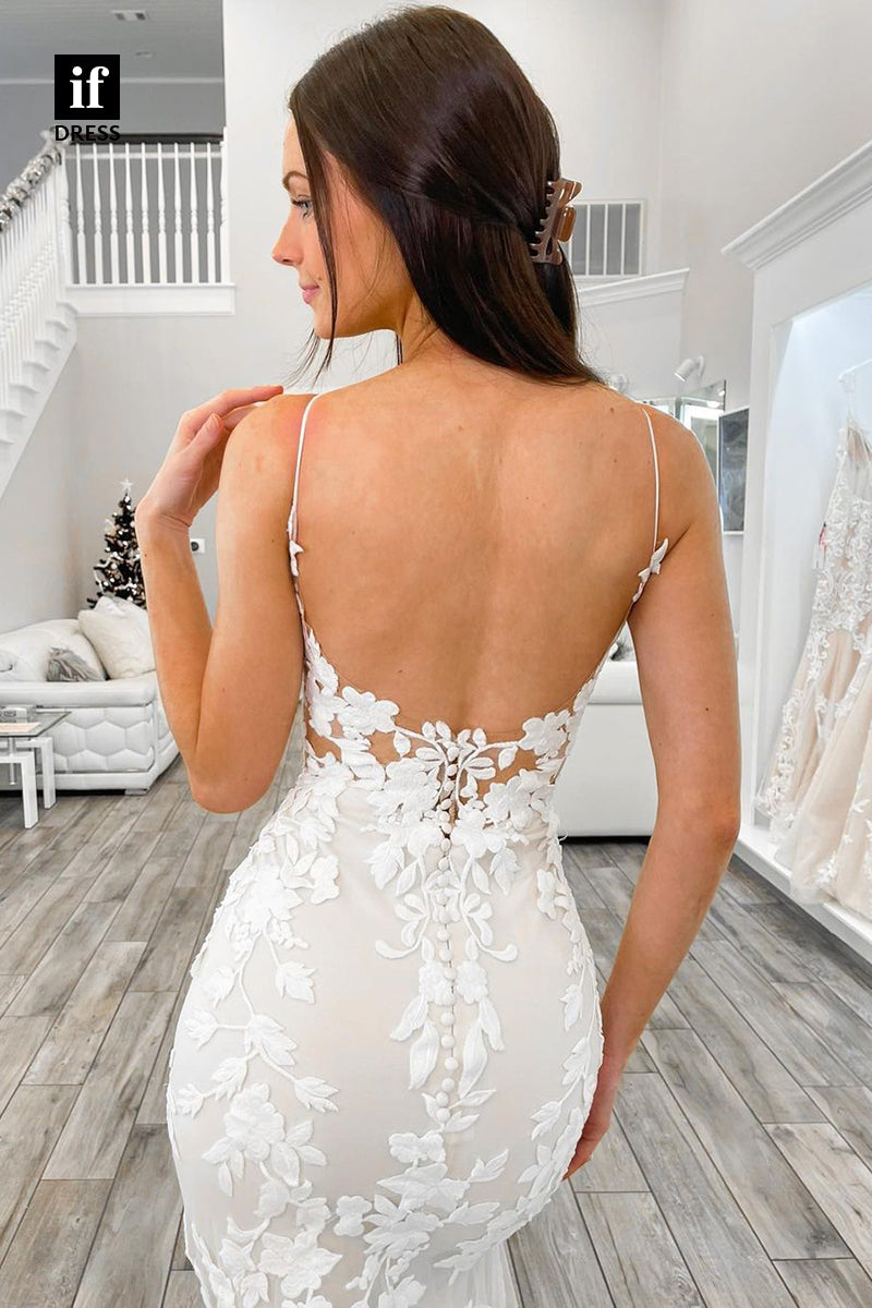 31664 - Sexy Spaghetti Straps V-Neck Lace Sleeveless Boho Wedding Dress