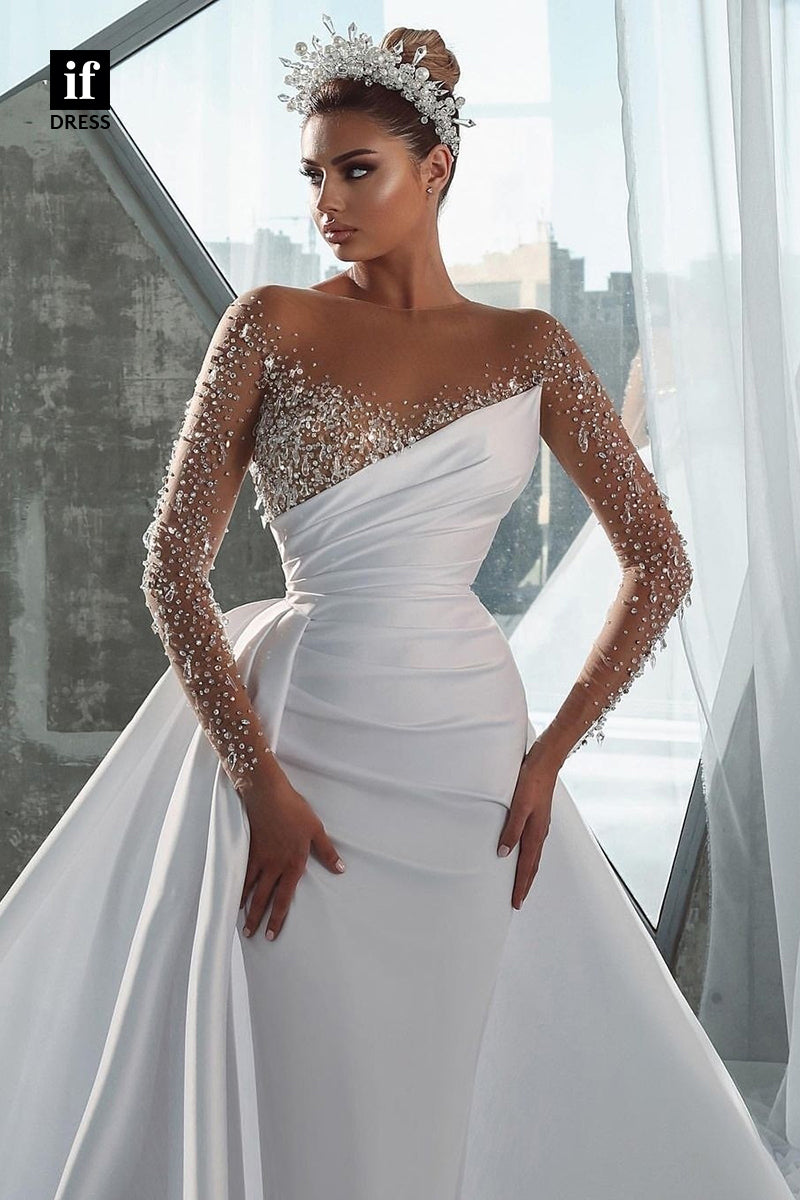 31571 - Honorable Off-Shoulder Beads Long Sleeves Pleats Wedding Dress