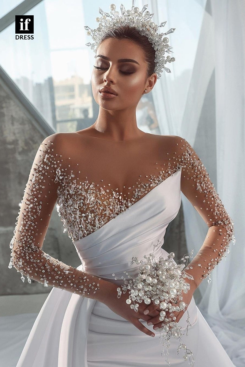 31571 - Honorable Off-Shoulder Beads Long Sleeves Pleats Wedding Dress