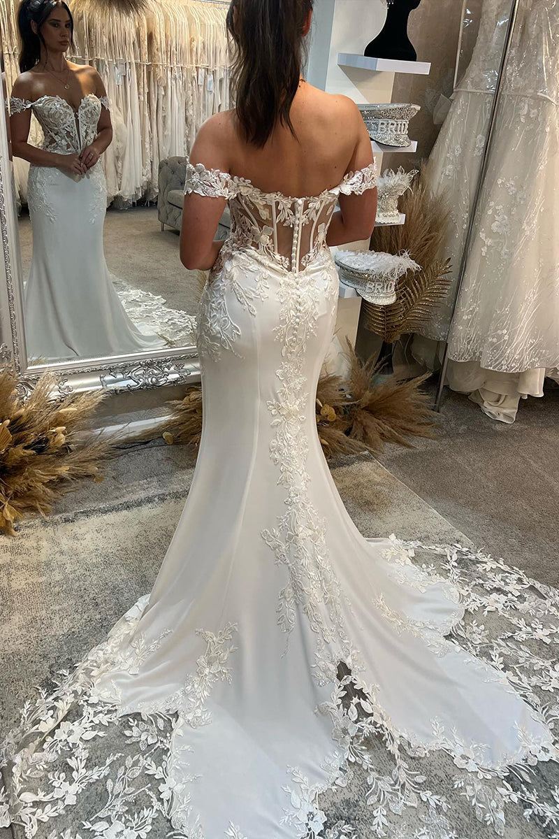 31687 - Attractive V-Neck Lace Appliques Mermaid Wedding Dress Bridal Gowns