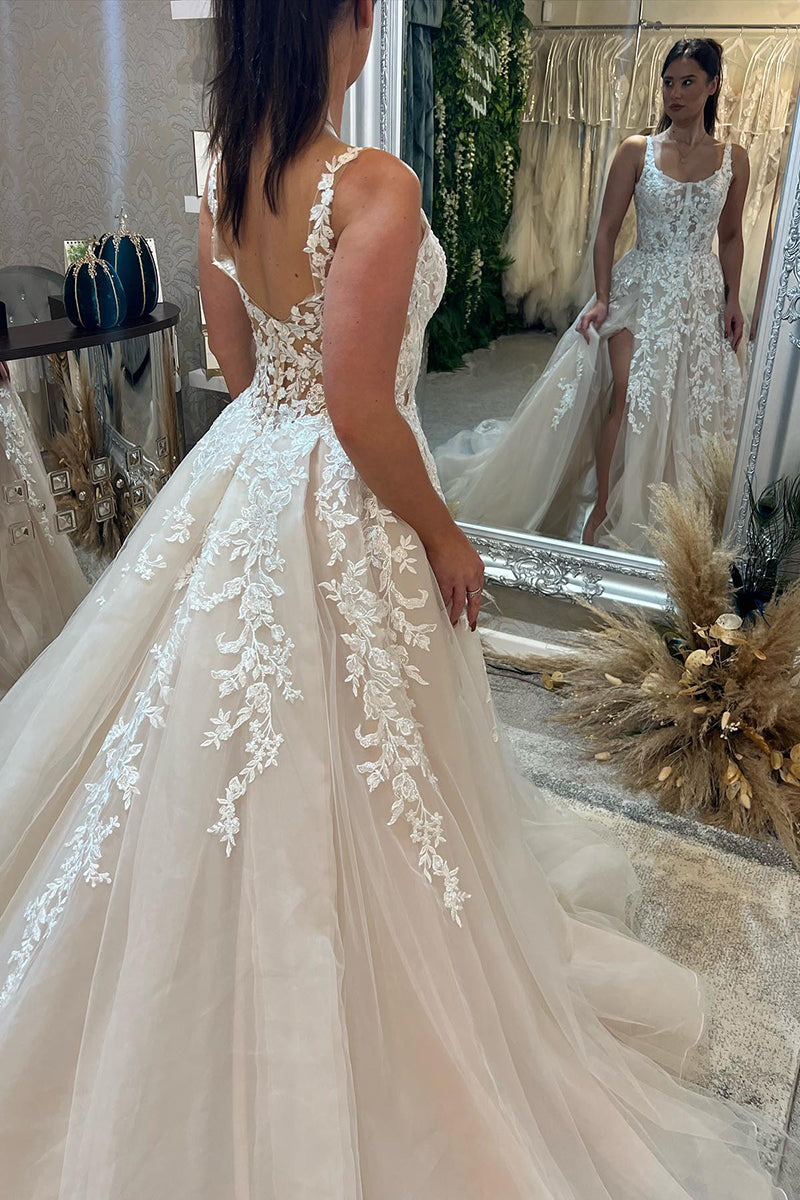 31690 - A line Scoop Lace Appliques Rustic Wedding Dress Bridal Gown