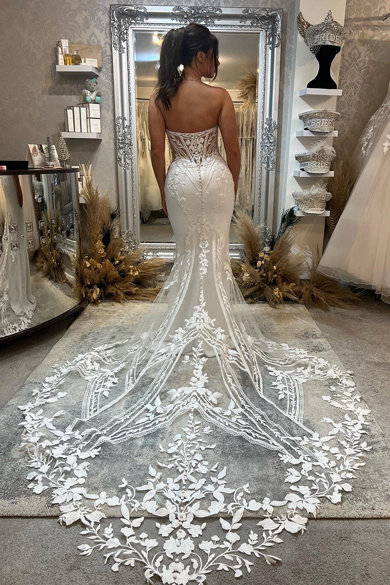 31691 - Plunging V-Neck Lace Appliques Mermaid Wedding Dress Bridal Gown