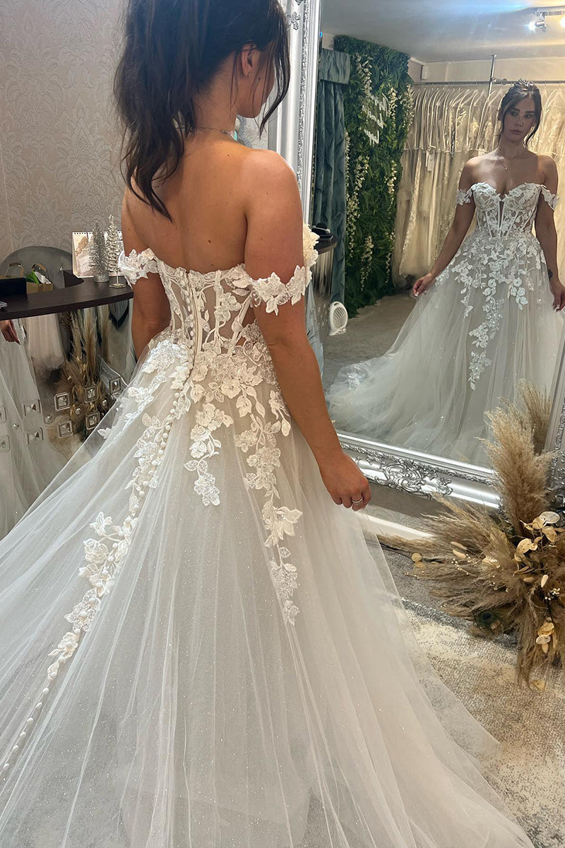 31692 - A Line Off the Shoulder Lace Appliques Rustic Wedding Dress