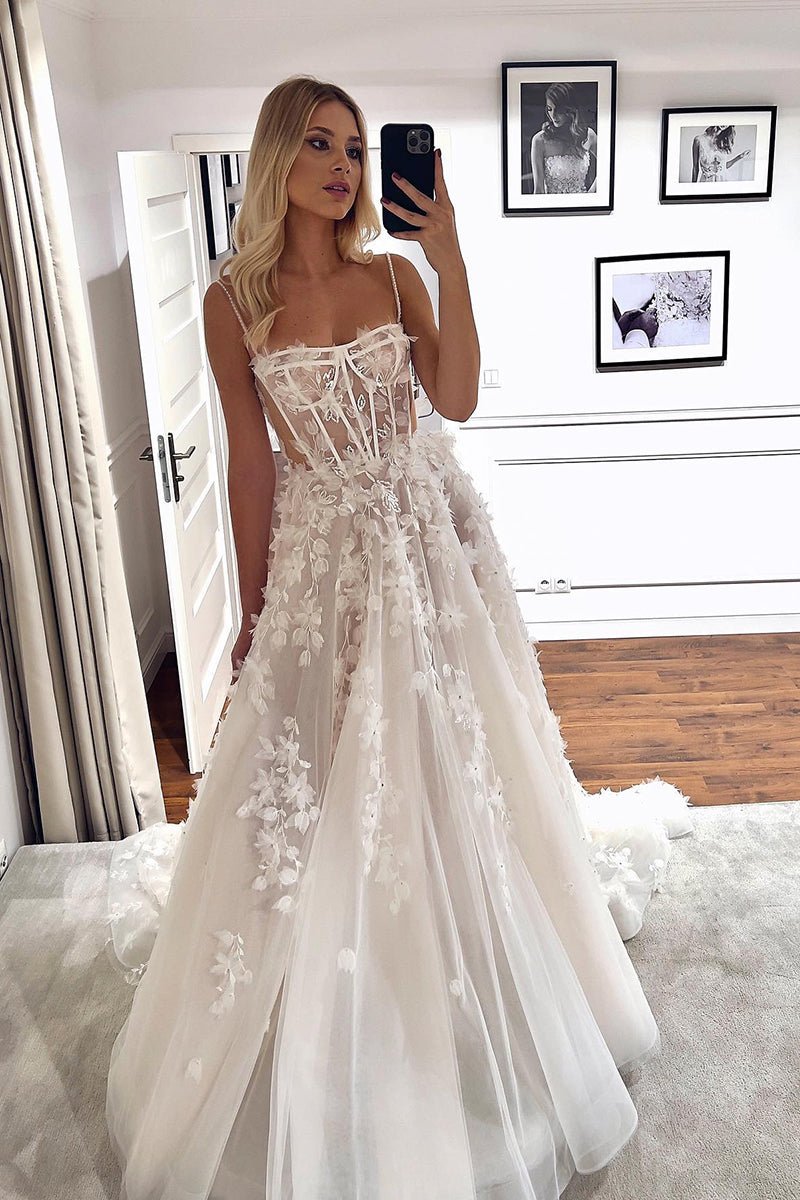 31693 - A line Spaghetti Straps 3D Lace Wedding Dress Bridal Gown
