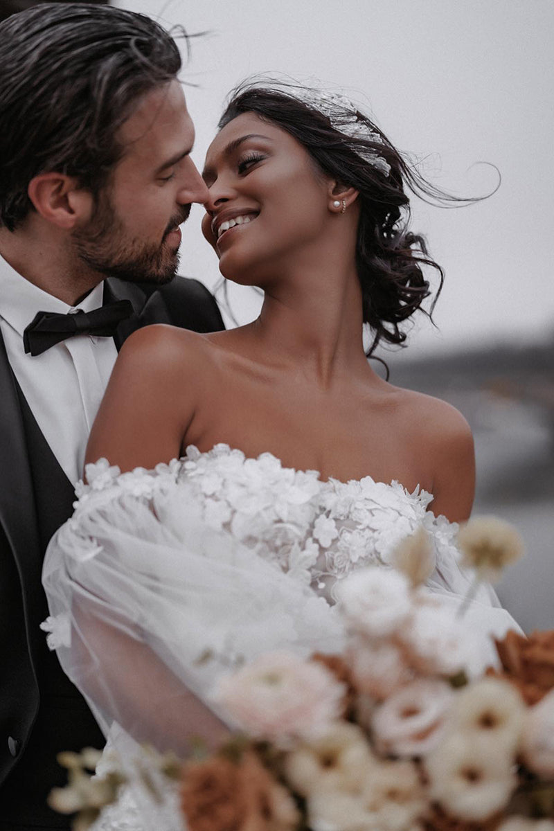 31701 - Unique Off the Shoulder Allover 3D Lace Wedding Dress with Sleeves