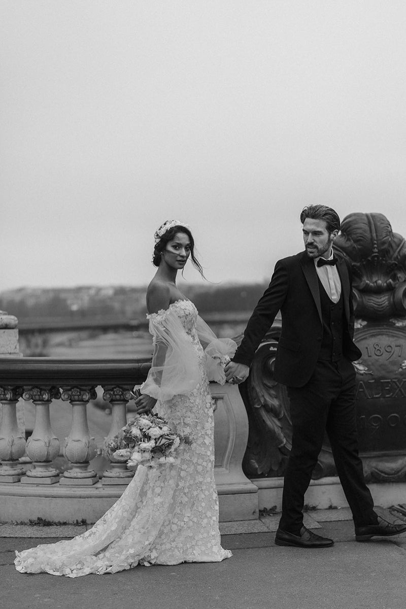 31701 - Unique Off the Shoulder Allover 3D Lace Wedding Dress with Sleeves