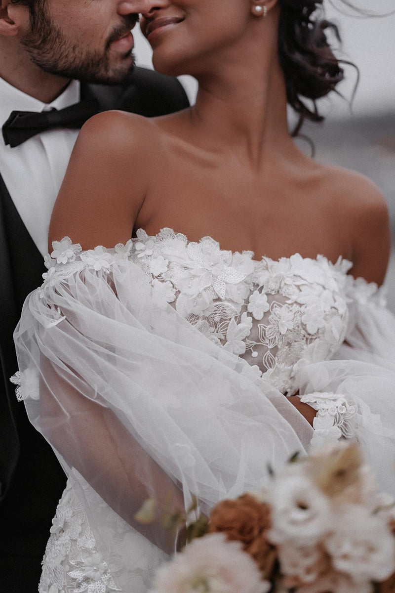 31701 - Unique Off the Shoulder Allover 3D Lace Wedding Dress with Sleeves