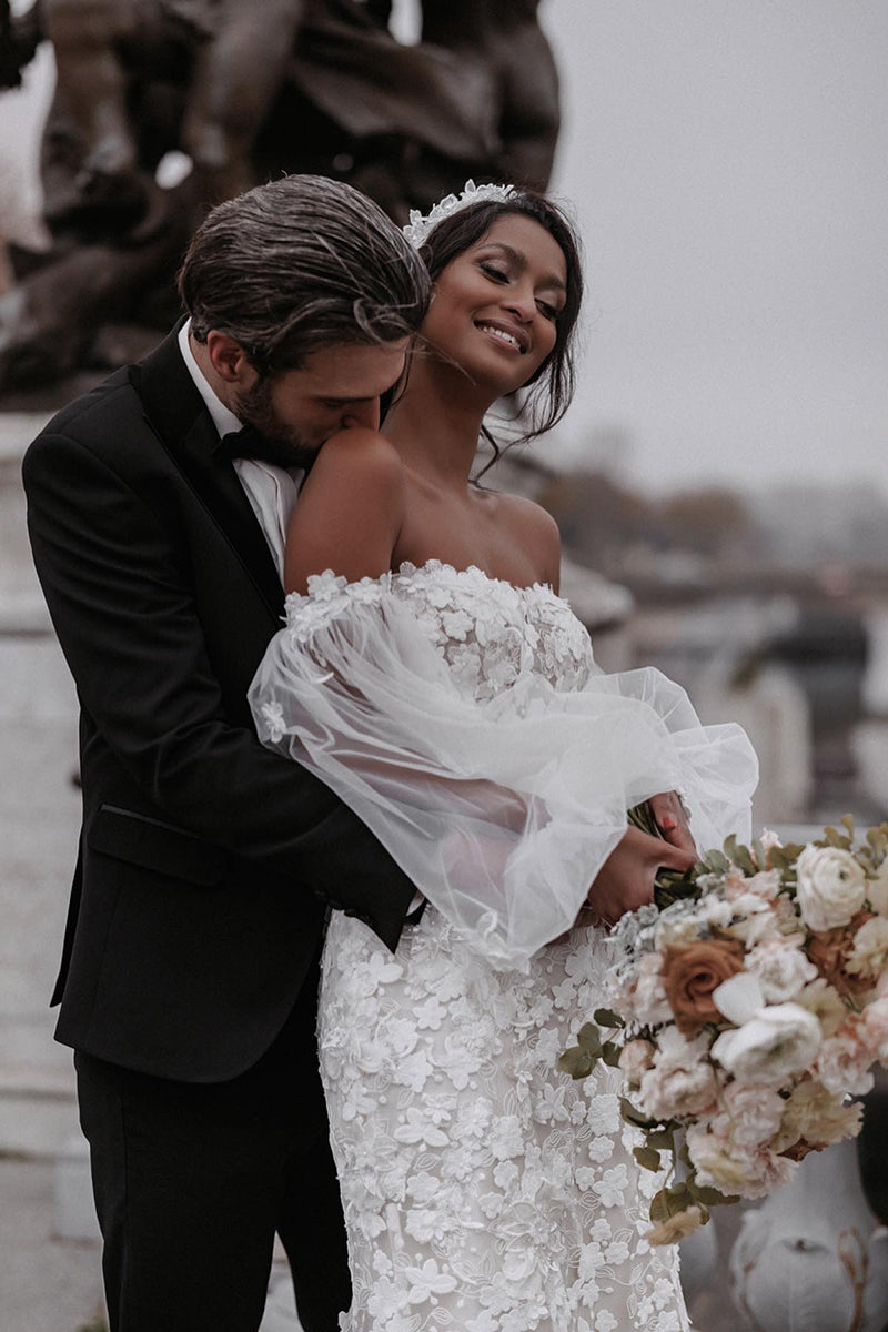 31701 - Unique Off the Shoulder Allover 3D Lace Wedding Dress with Sleeves