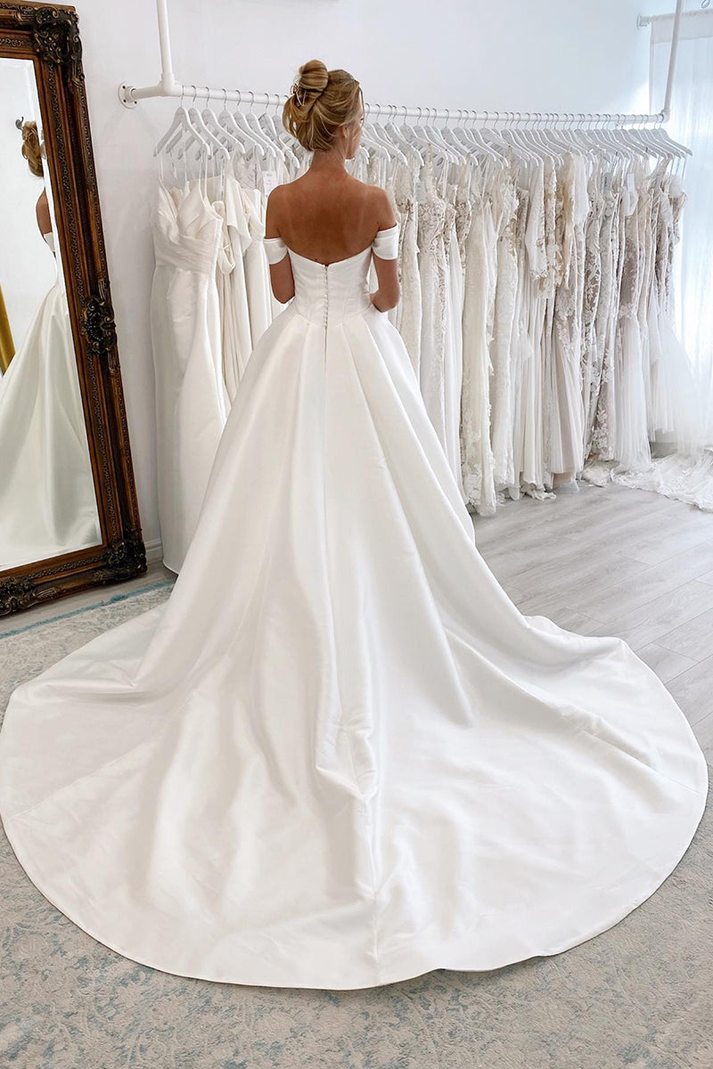 31703 - Ball Gown Off the Shoulder Satin Simple Wedding Dress