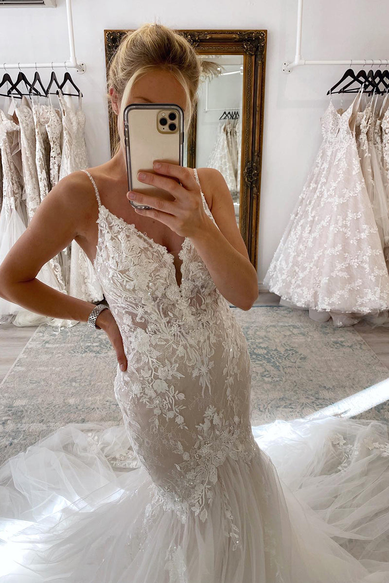 31708 - Spaghetti Straps Lace Appliques Mermaid Wedding Dress