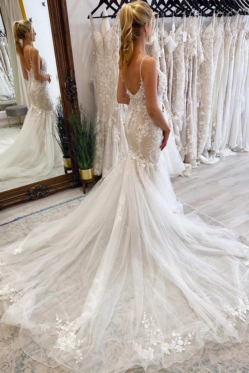 31708 - Spaghetti Straps Lace Appliques Mermaid Wedding Dress