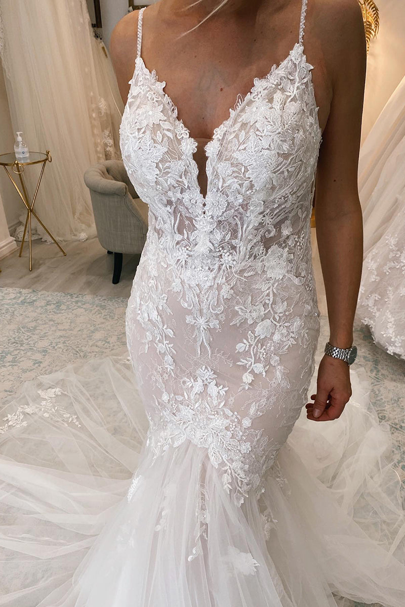 31708 - Spaghetti Straps Lace Appliques Mermaid Wedding Dress