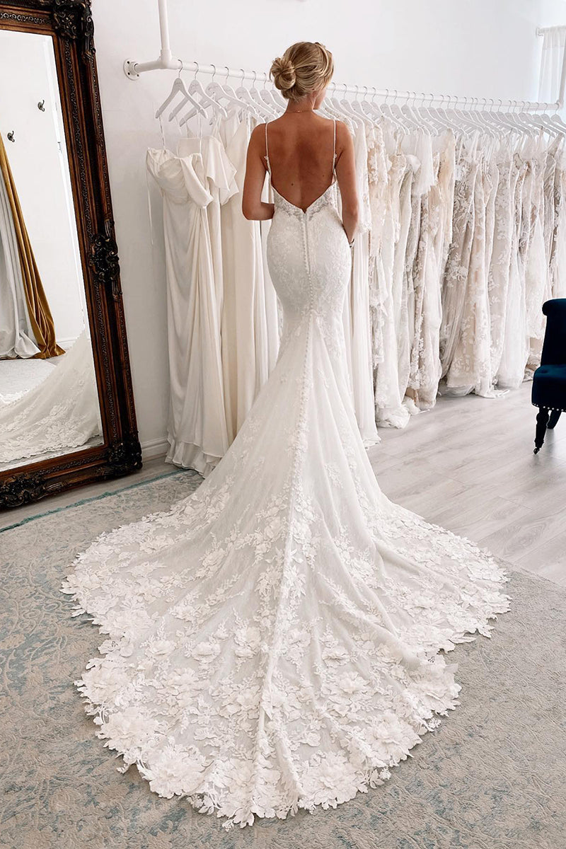 31709 - Plunging V-Neck Allover Romantic Lace Wedding Dress Mermaid Bridal Gown