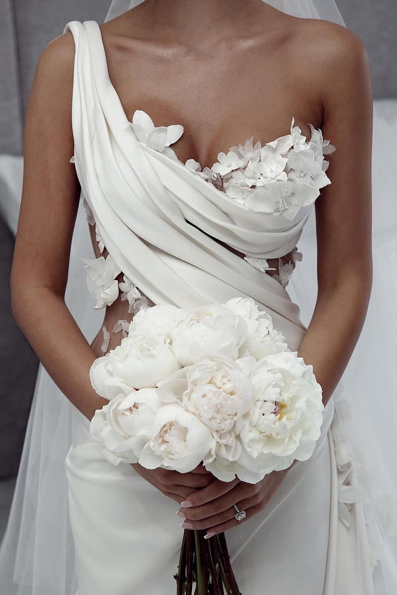 31714 - One Shoulder 3D Appliques Musillon Beach Wedding Dress