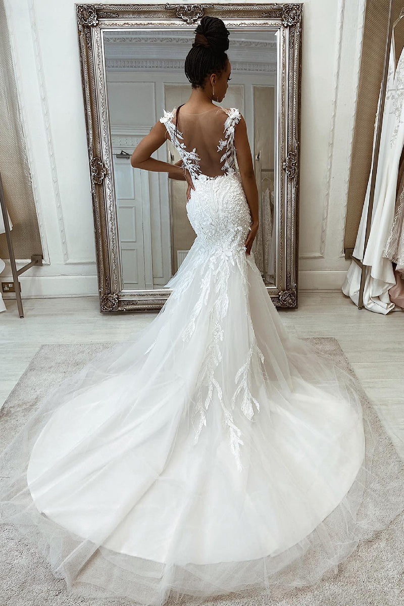31717 - Illusion Neckline 3D Appliques Mermaid Wedding Dress