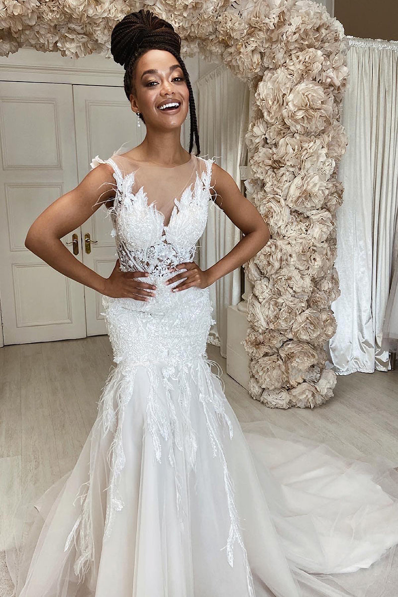 31717 - Illusion Neckline 3D Appliques Mermaid Wedding Dress