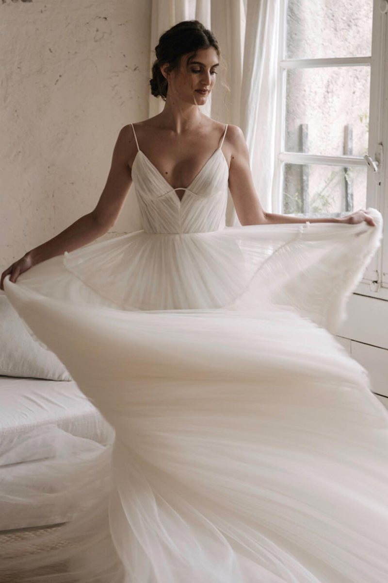 31720 - A Line V-Neck Tulle Ivory Simple Rustic Wedding Dress