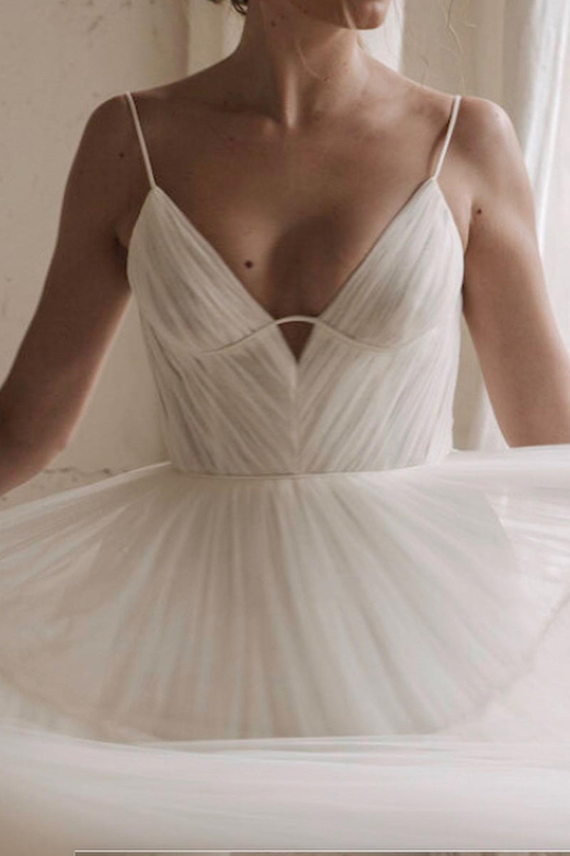 31720 - A Line V-Neck Tulle Ivory Simple Rustic Wedding Dress