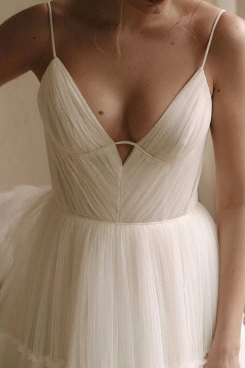 31720 - A Line V-Neck Tulle Ivory Simple Rustic Wedding Dress