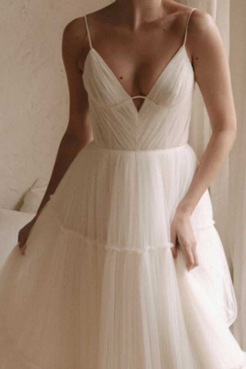 31720 - A Line V-Neck Tulle Ivory Simple Rustic Wedding Dress
