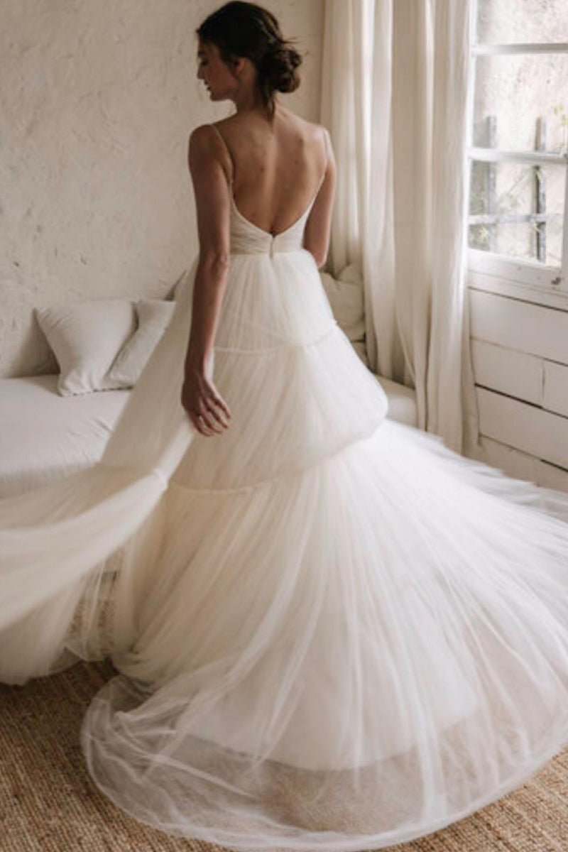 31720 - A Line V-Neck Tulle Ivory Simple Rustic Wedding Dress
