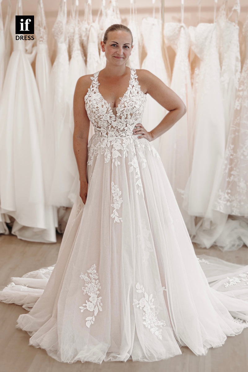 31724 - Sexy Spaghetti Straps V-Neck Appliques Boho Wedding Dress