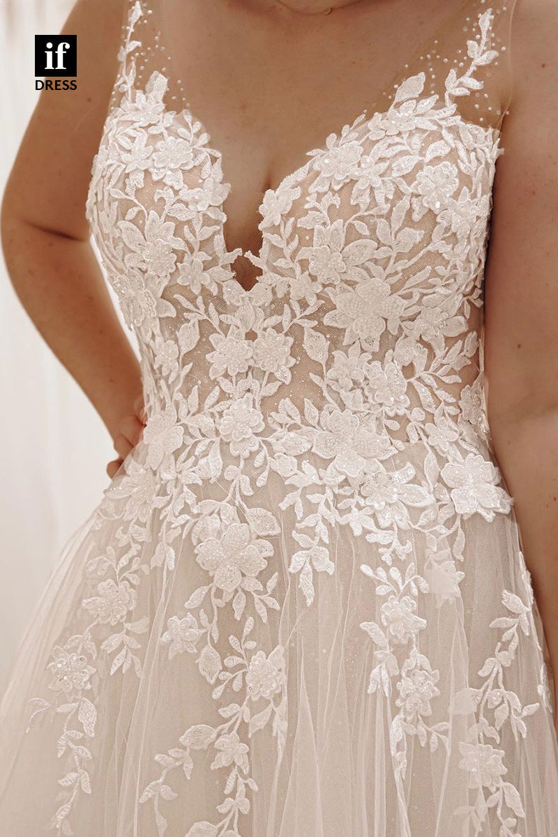 31727 - Illusion A-Line V-Neck Appliques Boho Wedding Dress