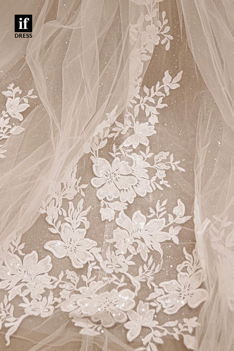 31727 - Illusion A-Line V-Neck Appliques Boho Wedding Dress