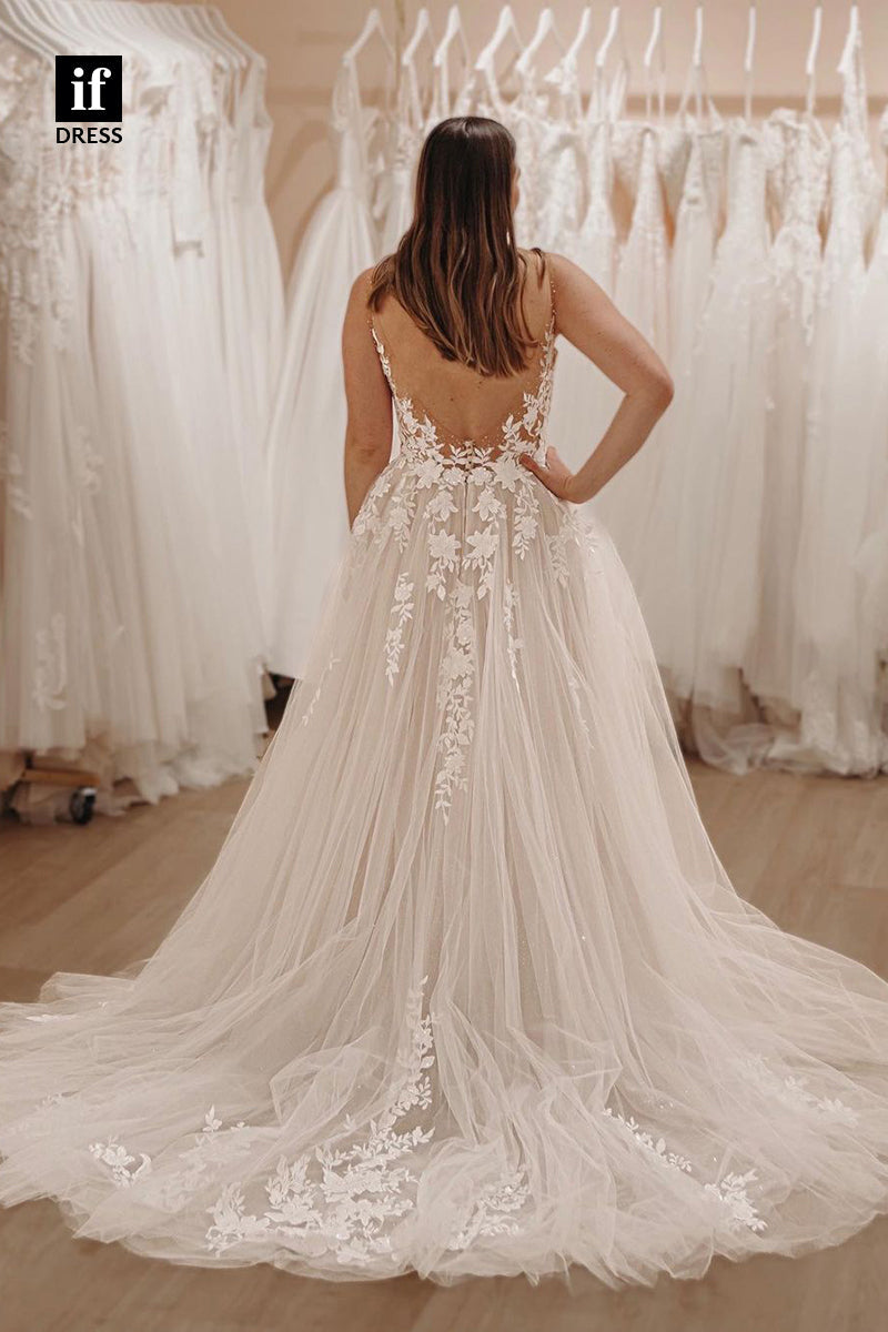 31727 - Illusion A-Line V-Neck Appliques Boho Wedding Dress